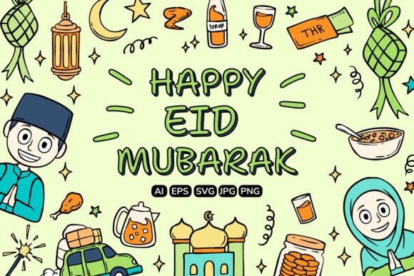Happy Eid Mubarak Illustration Set