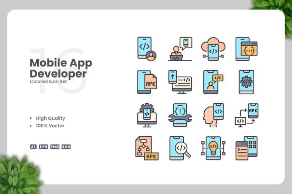 Mobile App Developer Colored Icons for Modern Design Needs