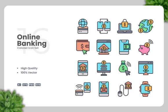 Online Banking Colored Icons for Modern Design Needs