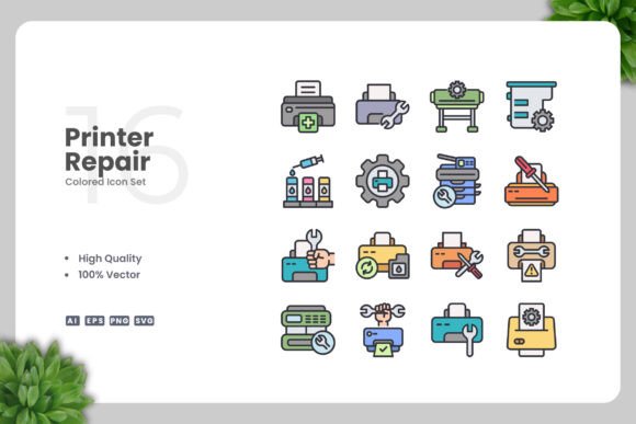 Printer Repair Colored Icons for Creative Projects