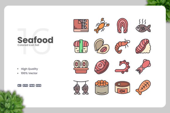Seafood Colored Icons for Modern Design Needs